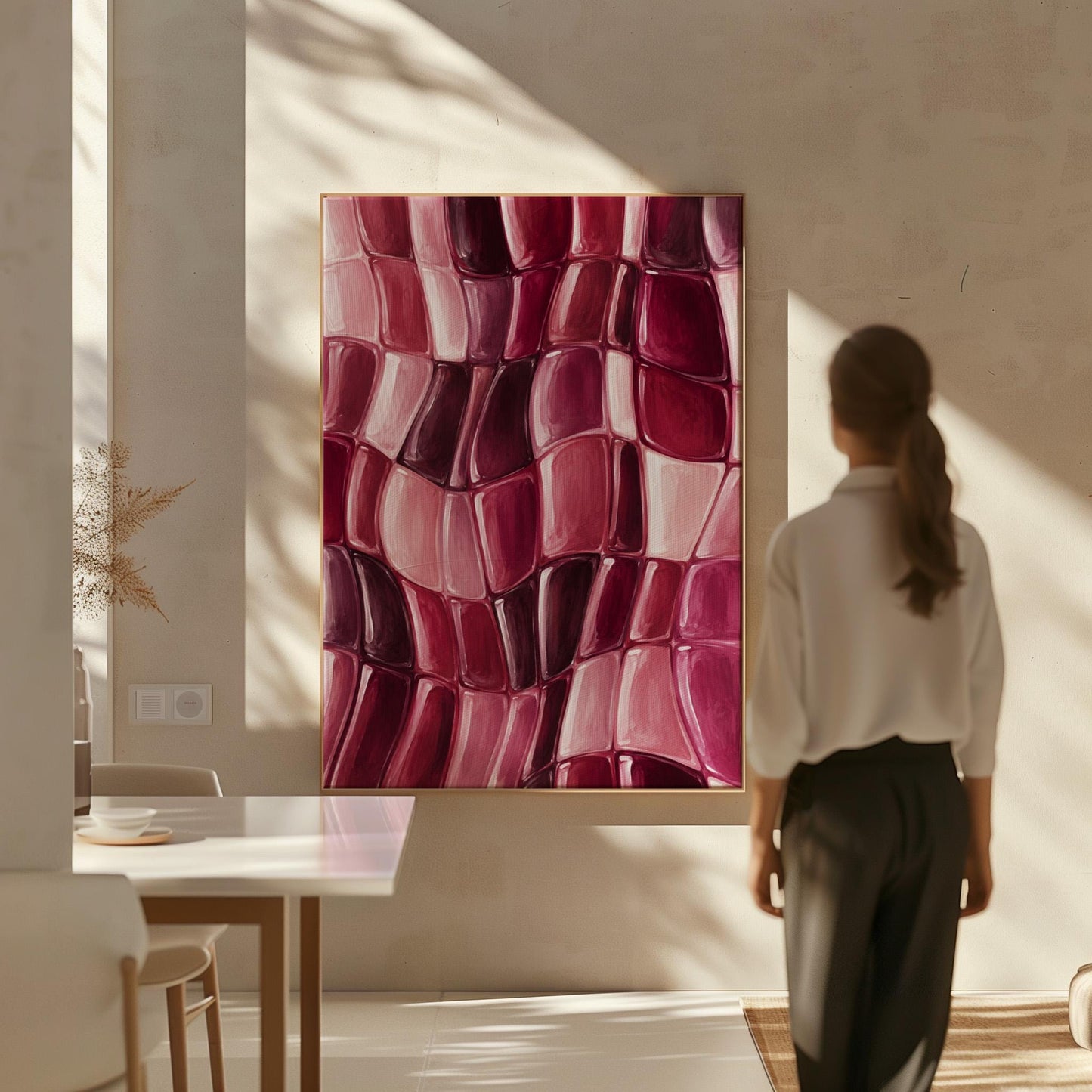 Wavy checkered weave in burgundy and wine tones, canvas wall art on a quiet wall in a considered interior
