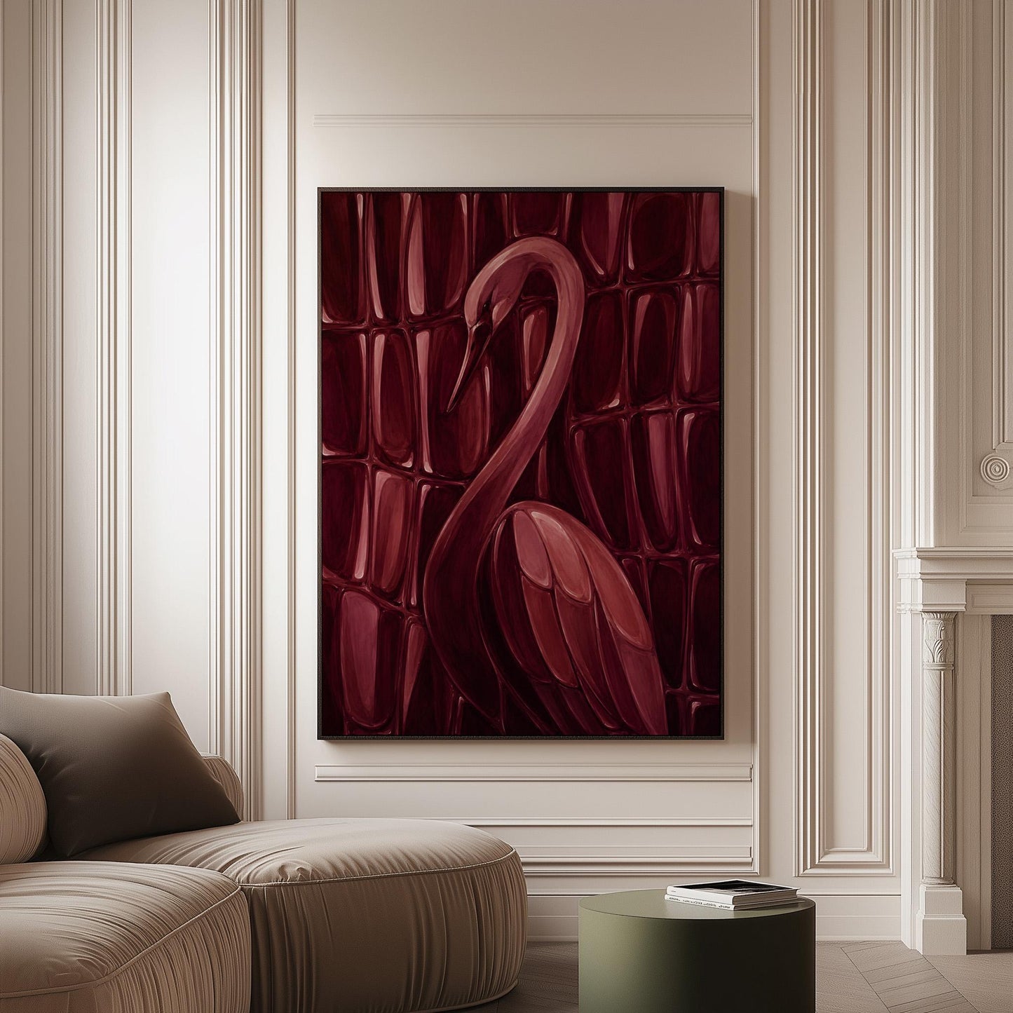 Flamingo silhouette emerging from deep burgundy, canvas print on a softly lit wall in a calm interior