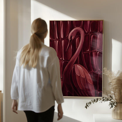 Flamingo silhouette emerging from deep burgundy, canvas print shown to scale in a furnished room