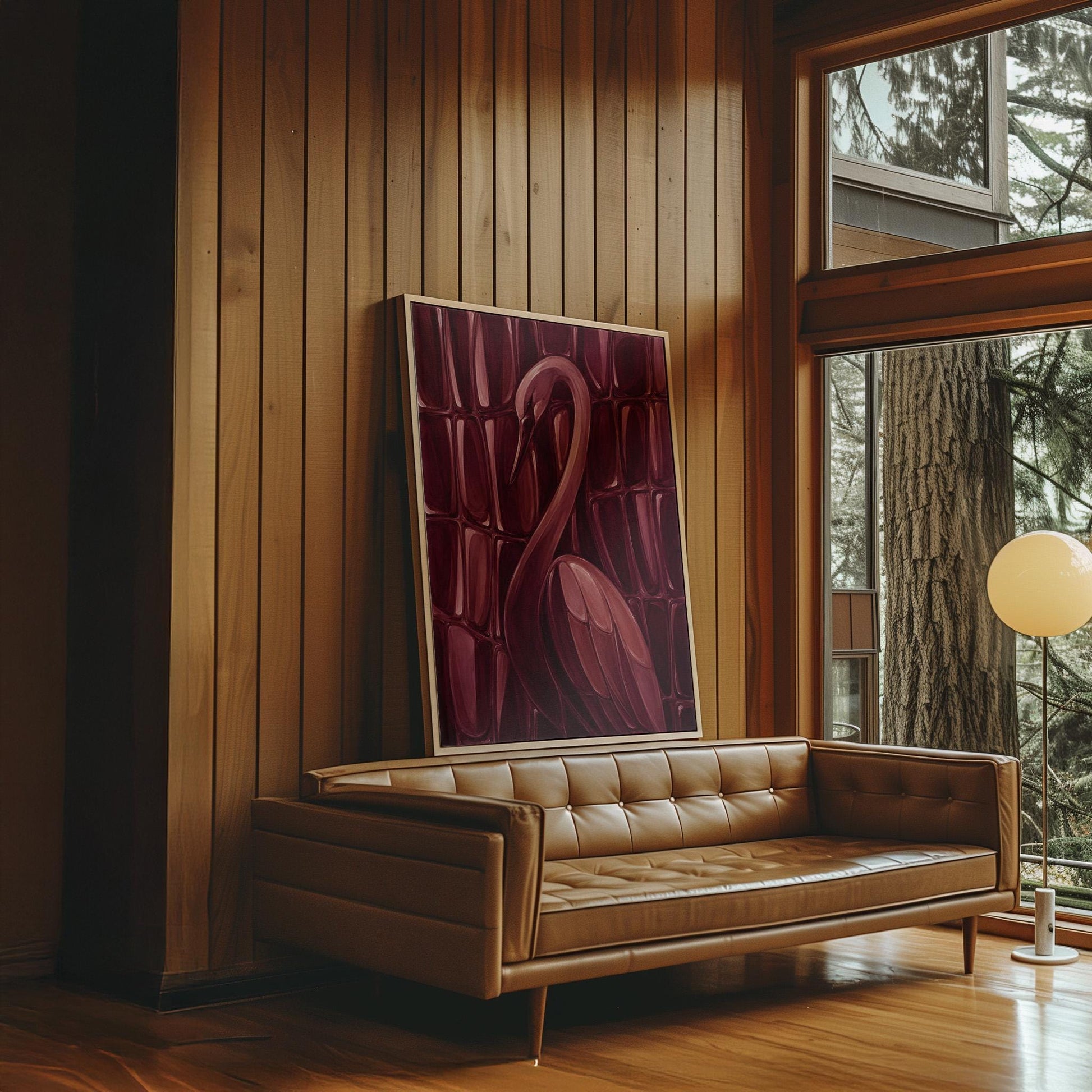 Flamingo silhouette emerging from deep burgundy, canvas print styled against a soft white wall