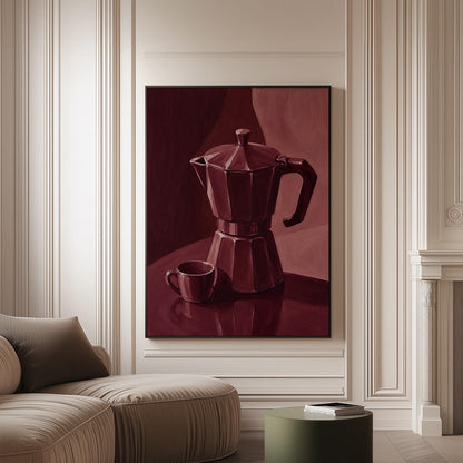 Moka pot and espresso cup still life in burgundy monochrome, canvas print on a softly lit wall in a calm interior