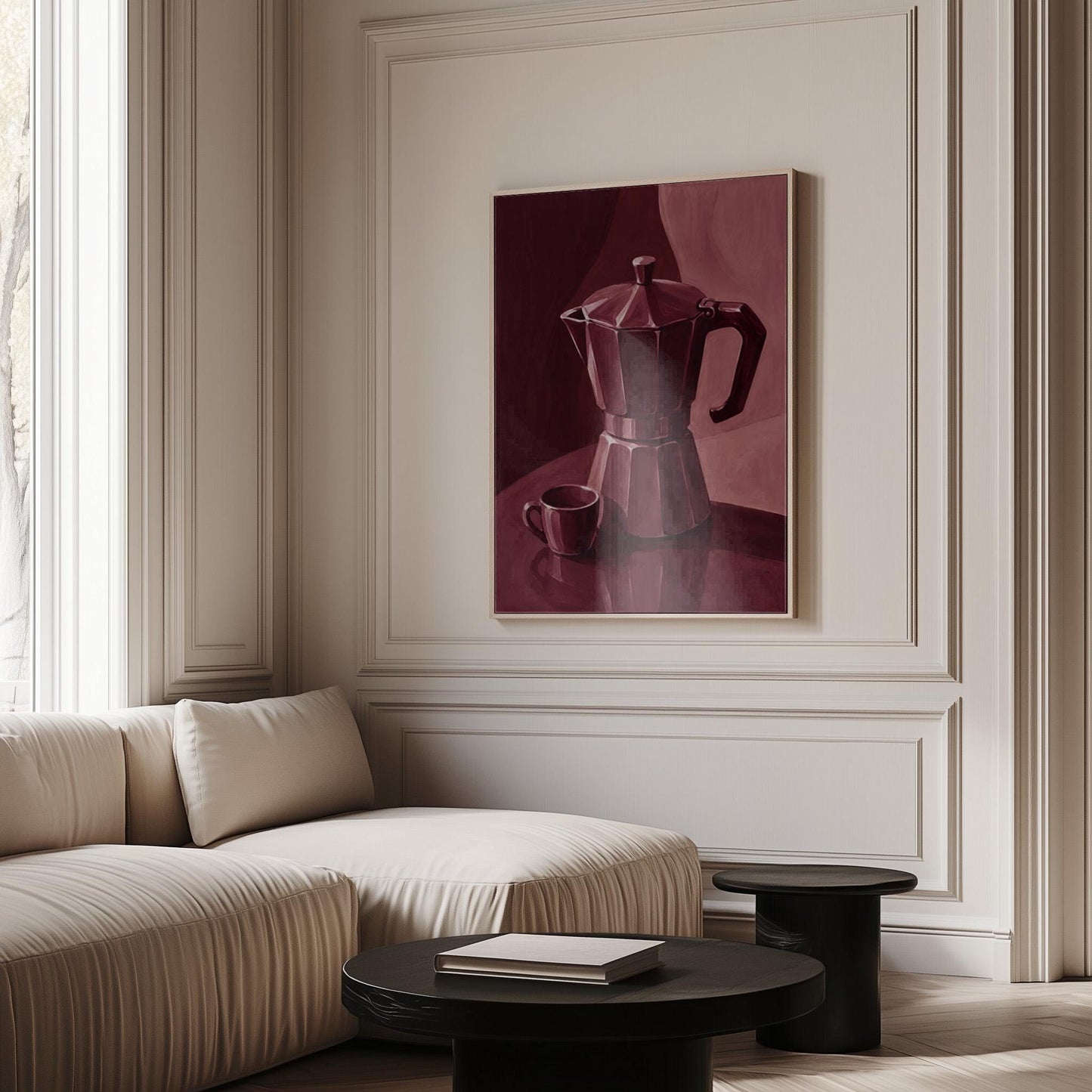 Moka pot and espresso cup still life in burgundy monochrome, canvas wall art seen in a warm interior with natural light