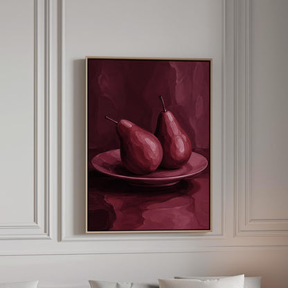 Two pears on a plate painted in burgundy monochrome, canvas print in a bright room with natural daylight
