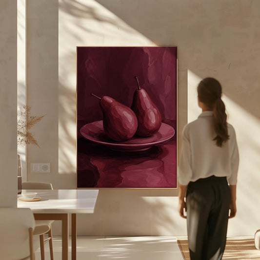 Two pears on a plate painted in burgundy monochrome, canvas print hanging in a calm, modern living space
