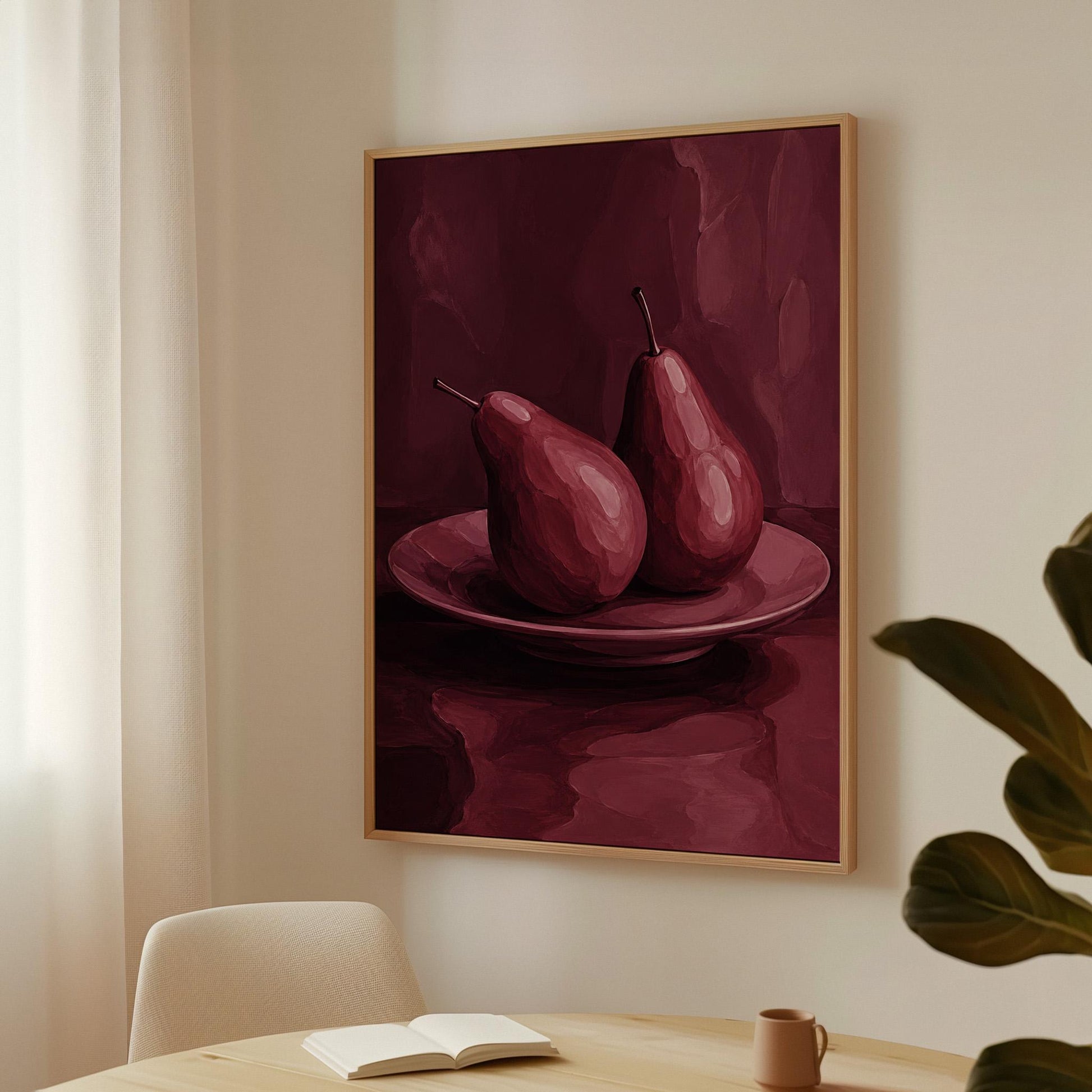 Two pears on a plate painted in burgundy monochrome, canvas print seen in a warm interior with natural light