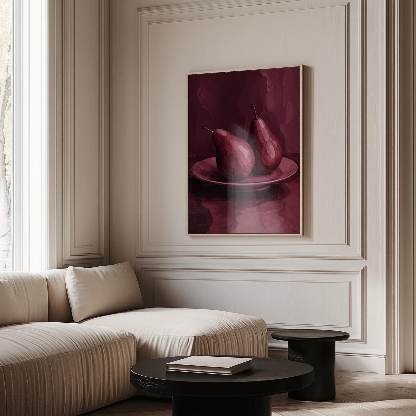 Two pears on a plate painted in burgundy monochrome, canvas print on a quiet wall in a considered interior