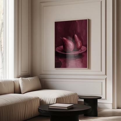 Two pears on a plate painted in burgundy monochrome, canvas print on a quiet wall in a considered interior