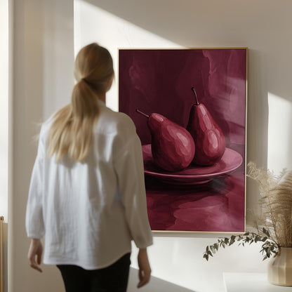 Two pears on a plate painted in burgundy monochrome, canvas print displayed on a neutral wall in a styled interior