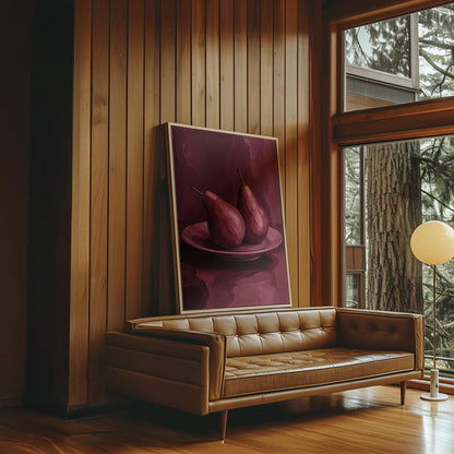 Two pears on a plate painted in burgundy monochrome, canvas wall art hanging in a calm, modern living space