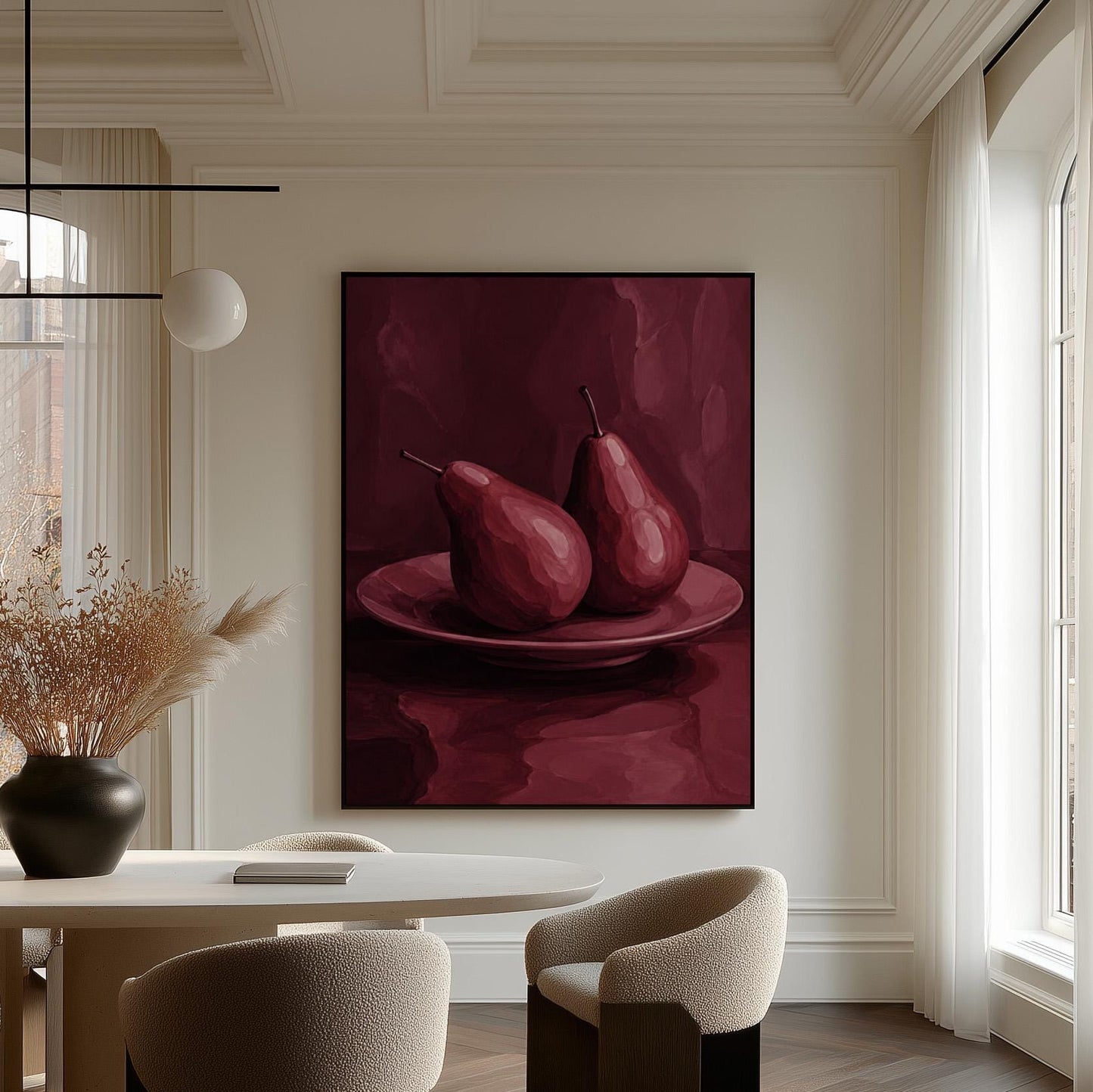 Two pears on a plate painted in burgundy monochrome, canvas wall art styled against a soft white wall