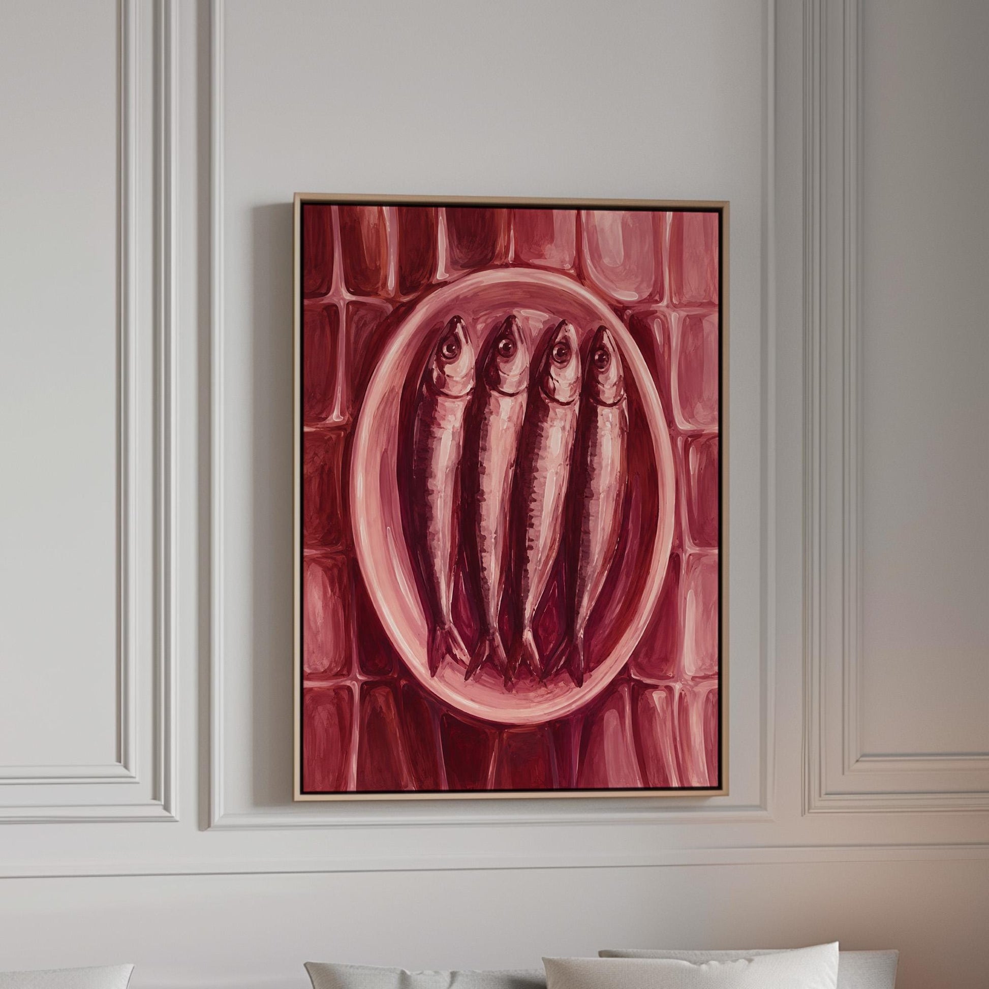 Sardines on oval platter in burgundy monochrome, canvas print in a bright room with natural daylight