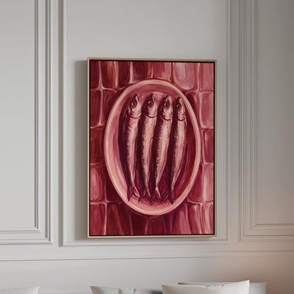 Sardines on oval platter in burgundy monochrome, canvas print in a bright room with natural daylight