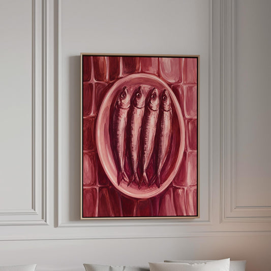 Sardines on oval platter in burgundy monochrome, canvas print in a bright room with natural daylight