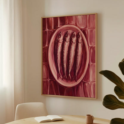 Sardines on oval platter in burgundy monochrome, canvas print presented in a light, minimal room