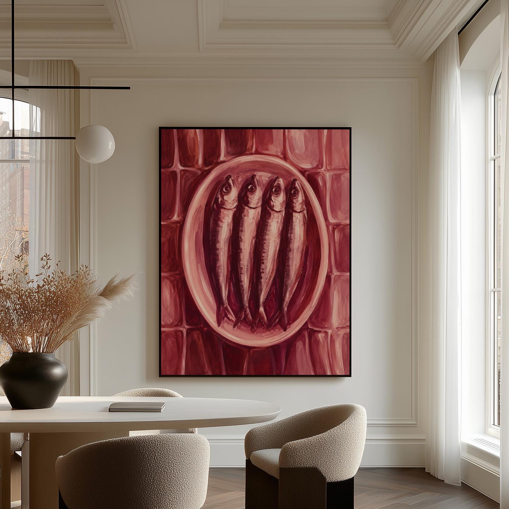 Sardines on oval platter in burgundy monochrome, canvas print shown to scale in a furnished room