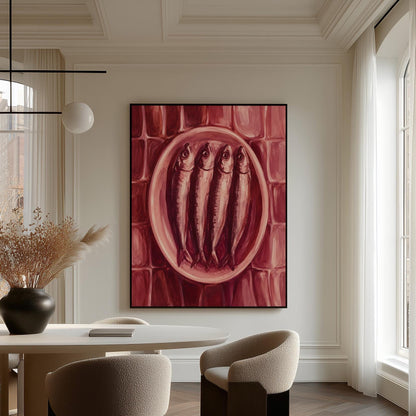 Sardines on oval platter in burgundy monochrome, canvas print shown to scale in a furnished room