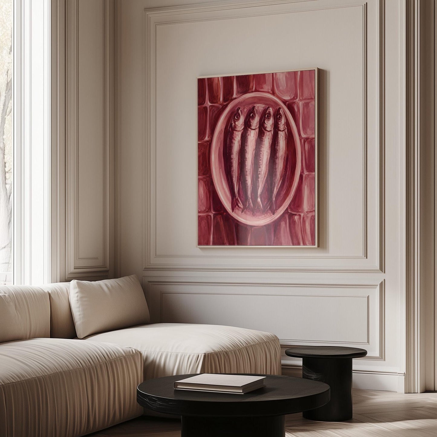 Sardines on oval platter in burgundy monochrome, canvas print displayed on a neutral wall in a styled interior
