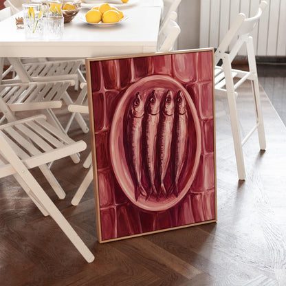 Sardines on oval platter in burgundy monochrome, canvas print shown in a sunlit, contemporary room