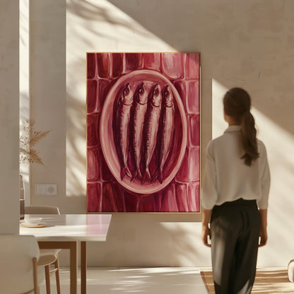 Sardines on oval platter in burgundy monochrome, canvas wall art hanging in a calm, modern living space