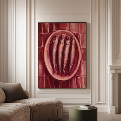 Sardines on oval platter in burgundy monochrome, canvas print on a softly lit wall in a calm interior