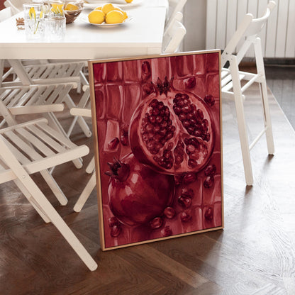 Open pomegranate with ruby seeds in burgundy tones, canvas print hanging in a calm, modern living space