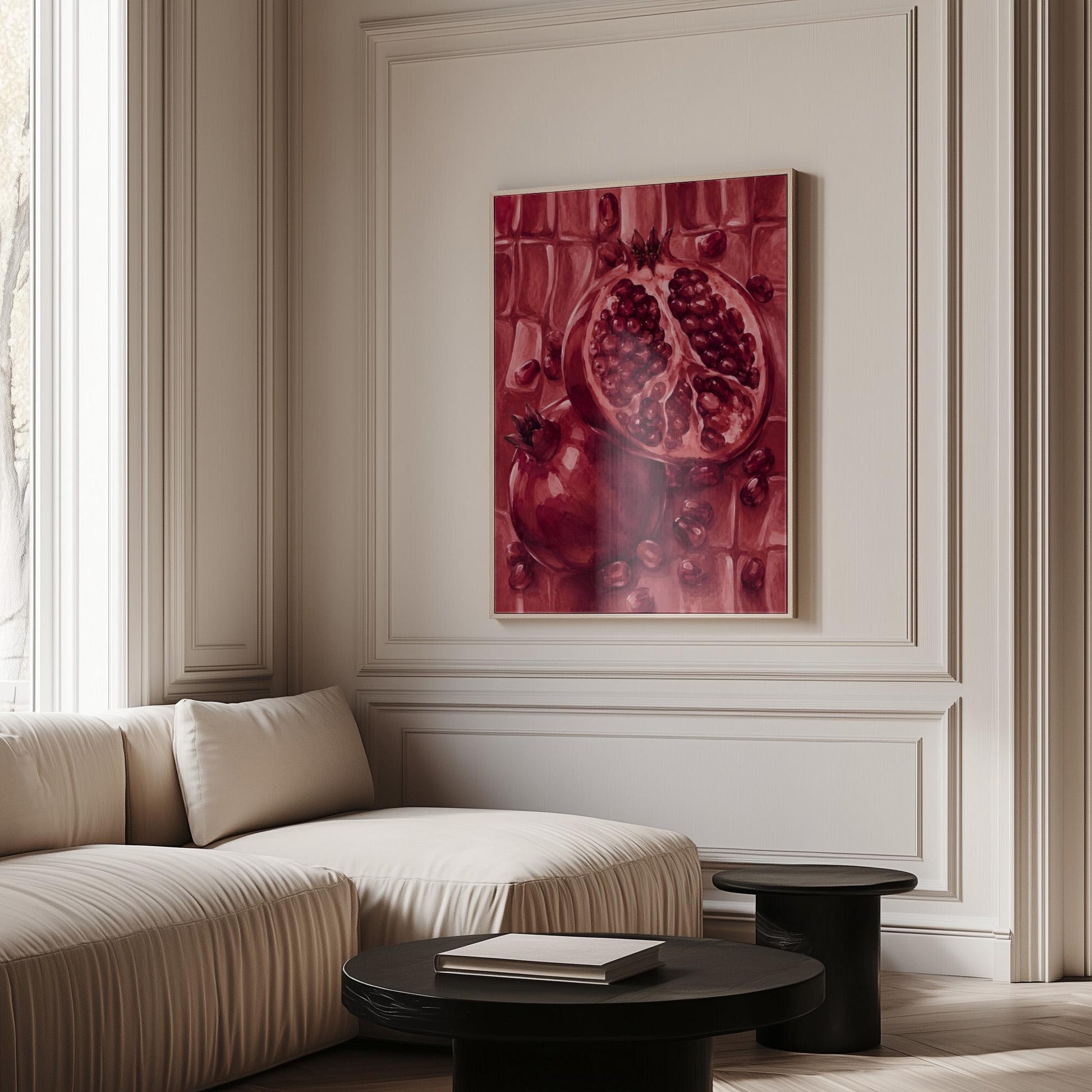 Open pomegranate with ruby seeds in burgundy tones, canvas print styled against a soft white wall