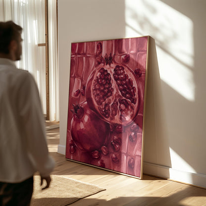 Open pomegranate with ruby seeds in burgundy tones, canvas print shown to scale in a furnished room