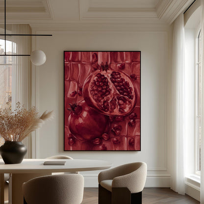 Open pomegranate with ruby seeds in burgundy tones, canvas print displayed on a neutral wall in a styled interior