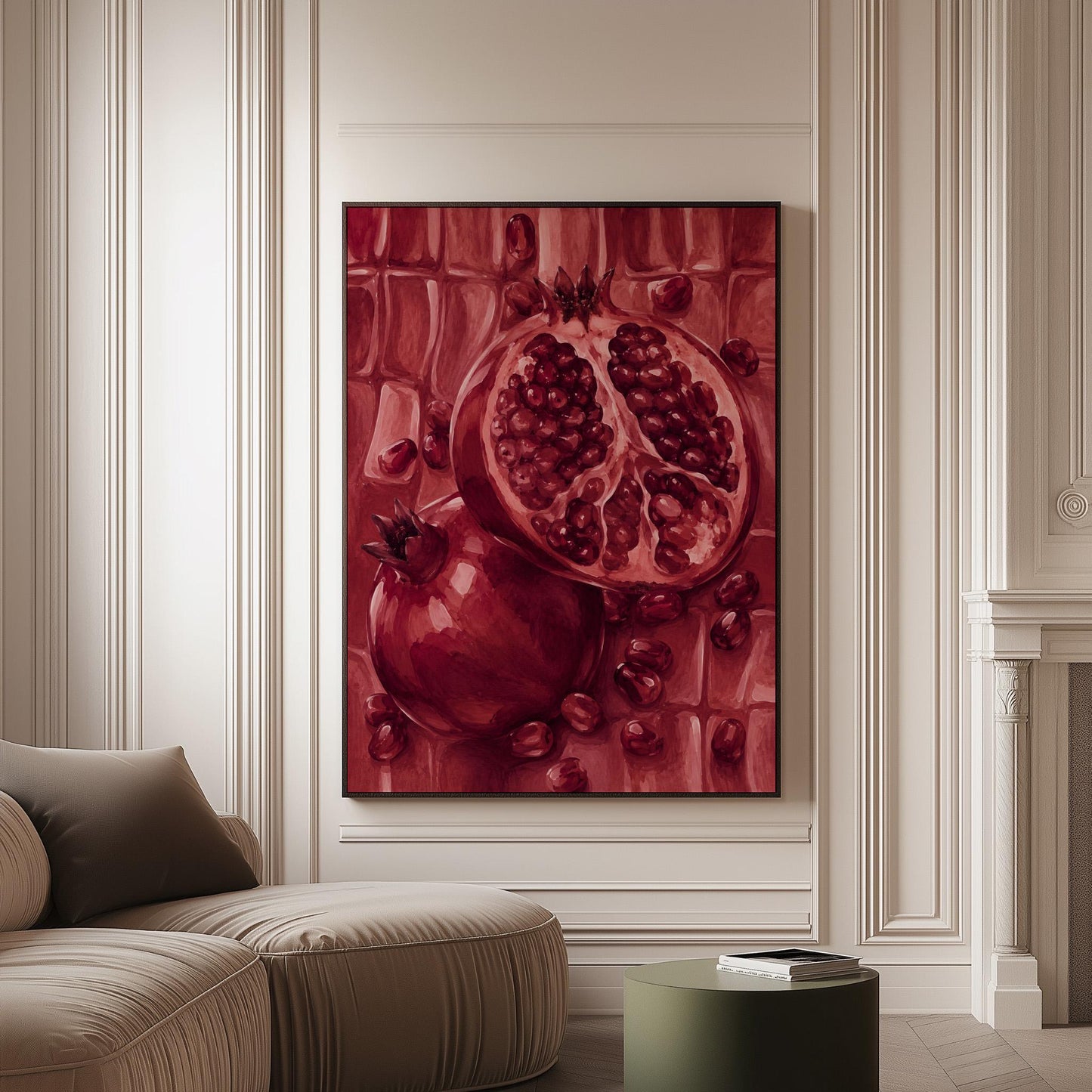 Open pomegranate with ruby seeds in burgundy tones, canvas print on a softly lit wall in a calm interior
