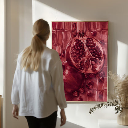 Open pomegranate with ruby seeds in burgundy tones, canvas wall art seen in a warm interior with natural light