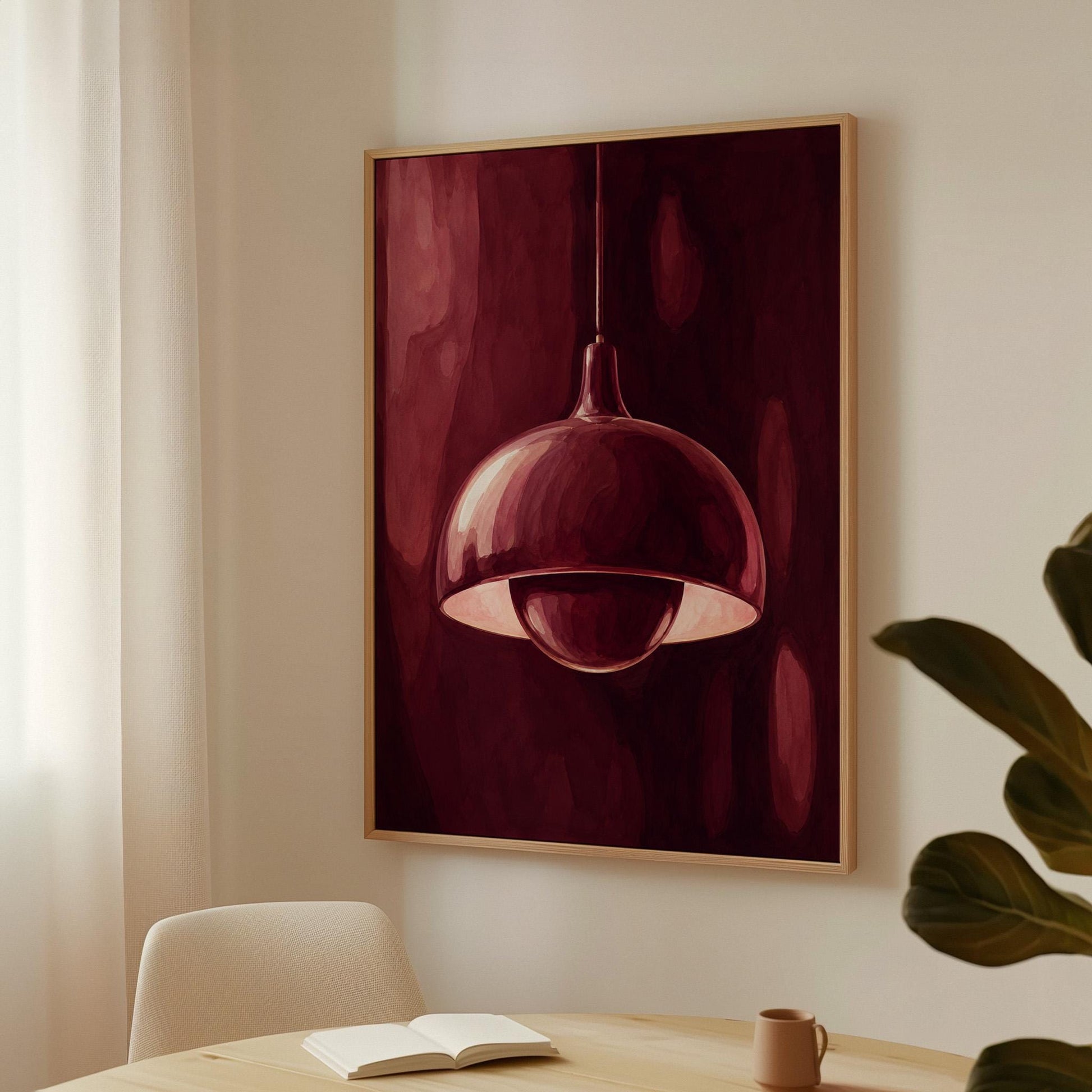 Pendant lamp glowing warmly against burgundy darkness, canvas print styled against a soft white wall