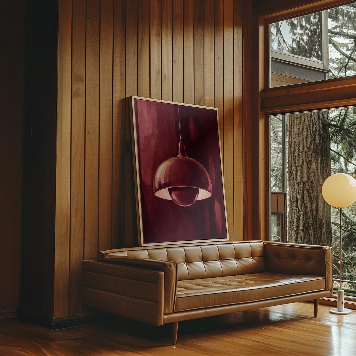 Pendant lamp glowing warmly against burgundy darkness, canvas print presented in a light, minimal room
