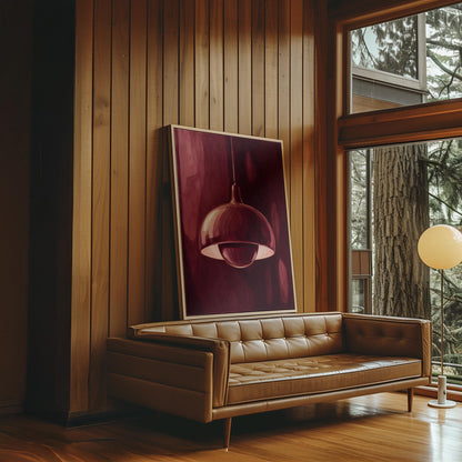 Pendant lamp glowing warmly against burgundy darkness, canvas print presented in a light, minimal room