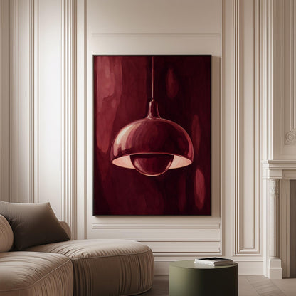 Pendant lamp glowing warmly against burgundy darkness, canvas print on a softly lit wall in a calm interior