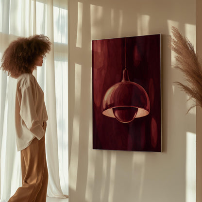 Pendant lamp glowing warmly against burgundy darkness, canvas wall art styled against a soft white wall