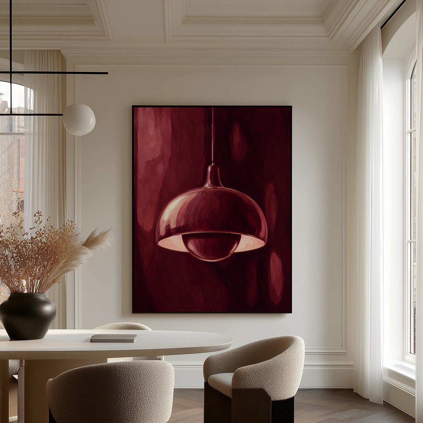 Pendant lamp glowing warmly against burgundy darkness, canvas wall art seen in a warm interior with natural light