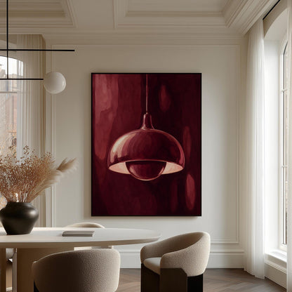 Pendant lamp glowing warmly against burgundy darkness, canvas wall art seen in a warm interior with natural light