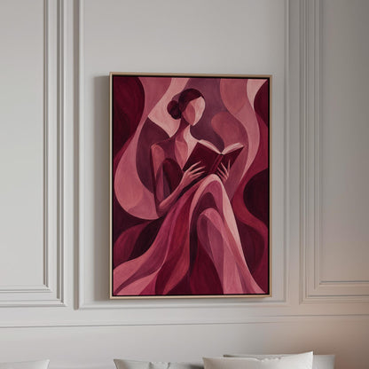 Woman reading a book among flowing burgundy drapes, canvas print in a bright room with natural daylight