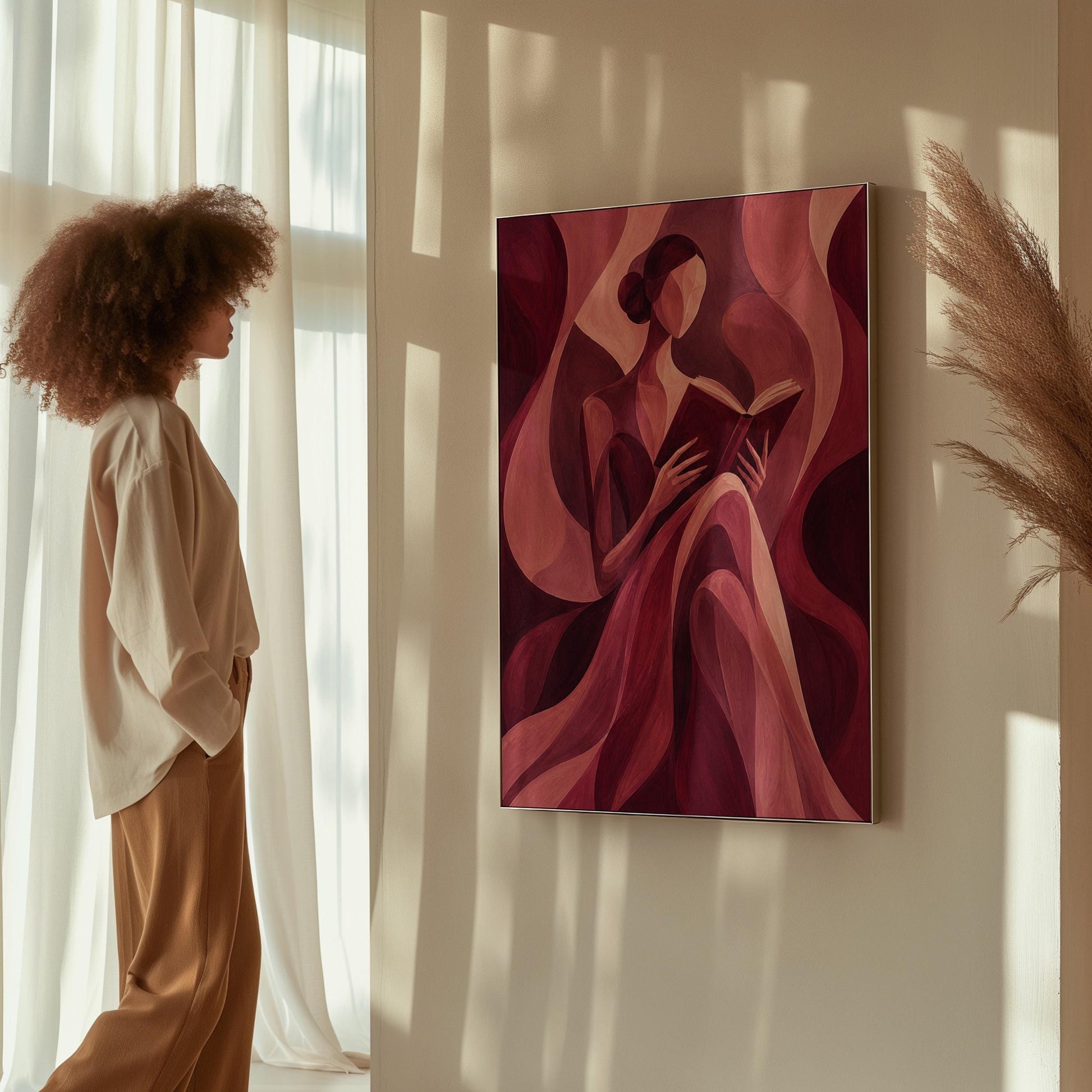 Woman reading a book among flowing burgundy drapes, canvas wall art seen in a warm interior with natural light
