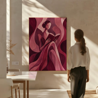 Woman reading a book among flowing burgundy drapes, canvas wall art presented in a light, minimal room