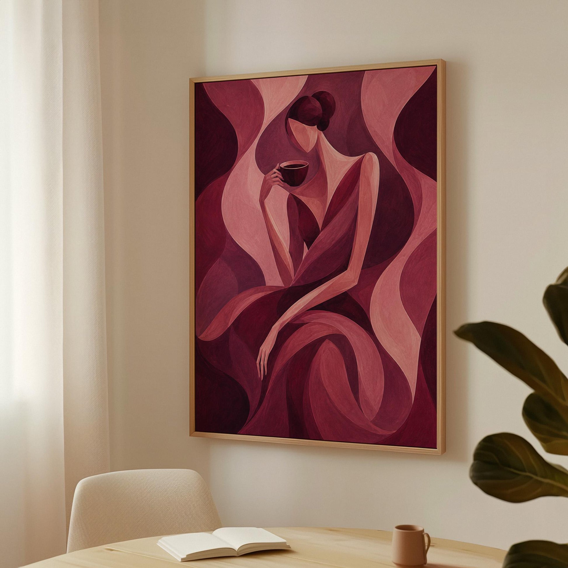 Woman sipping coffee among soft burgundy waves, canvas print shown to scale in a furnished room
