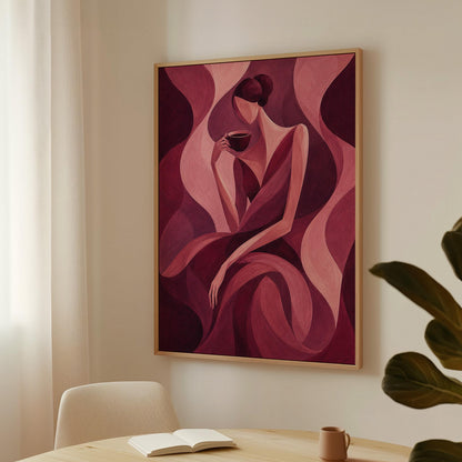 Woman sipping coffee among soft burgundy waves, canvas print shown to scale in a furnished room