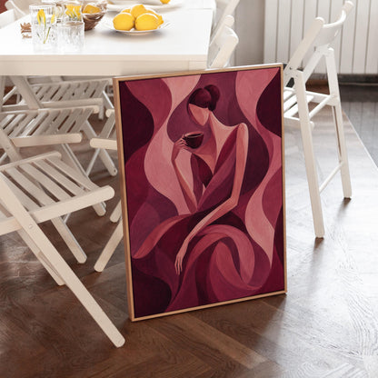 Woman sipping coffee among soft burgundy waves, canvas print displayed on a neutral wall in a styled interior