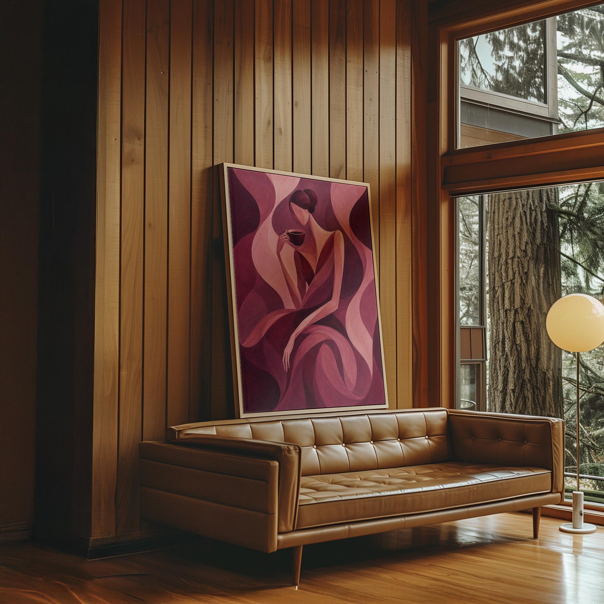 Woman sipping coffee among soft burgundy waves, canvas wall art presented in a light, minimal room