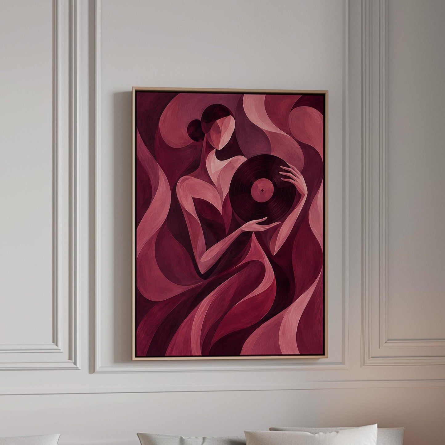Woman holding vinyl record in burgundy deco style, canvas print in a bright room with natural daylight