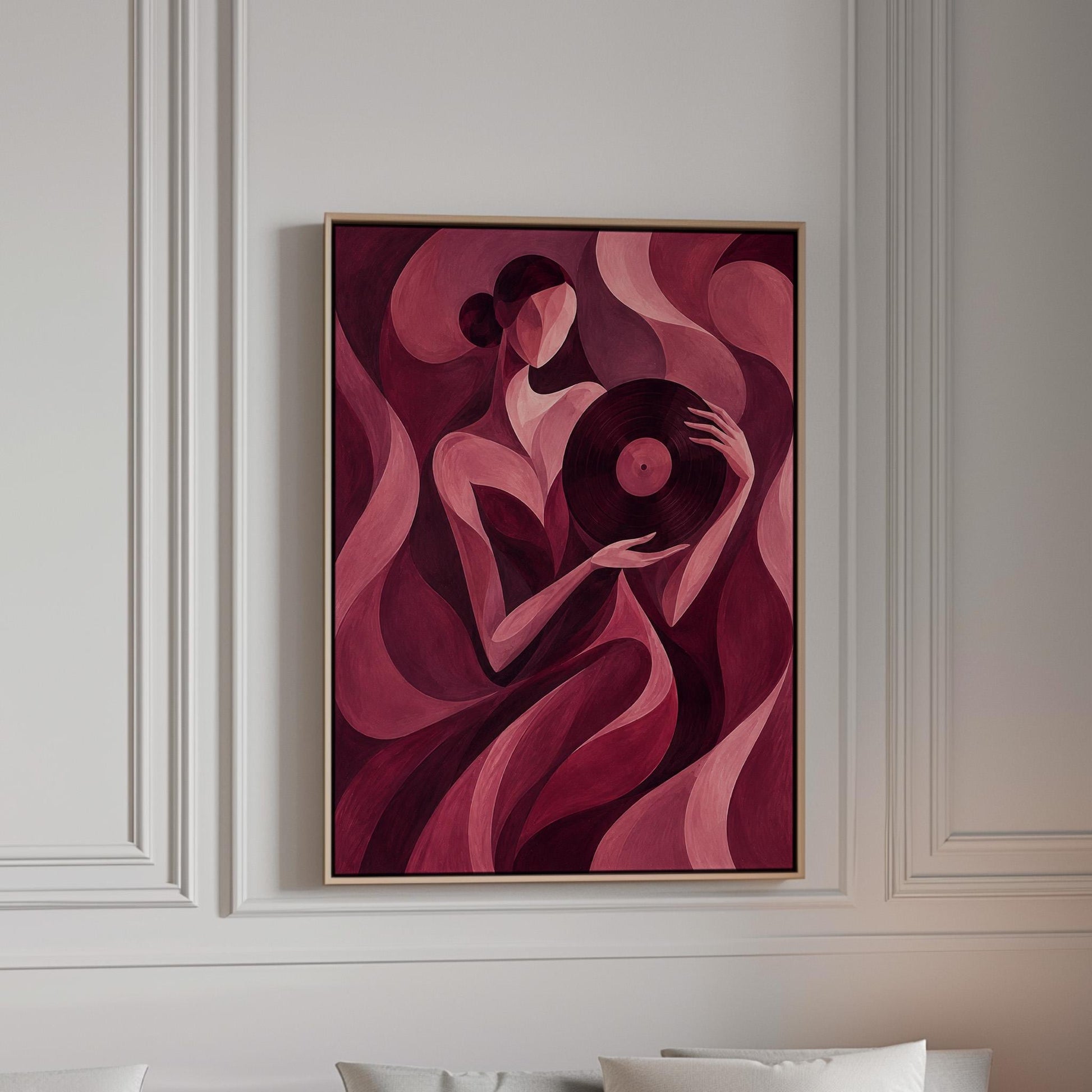 Woman holding vinyl record in burgundy deco style, canvas print in a bright room with natural daylight