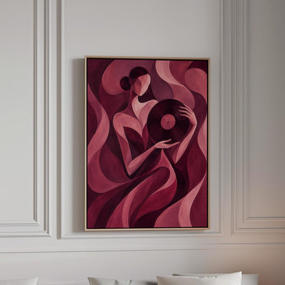 Woman holding vinyl record in burgundy deco style, canvas print in a bright room with natural daylight