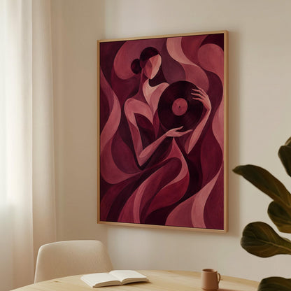 Woman holding vinyl record in burgundy deco style, canvas print styled against a soft white wall