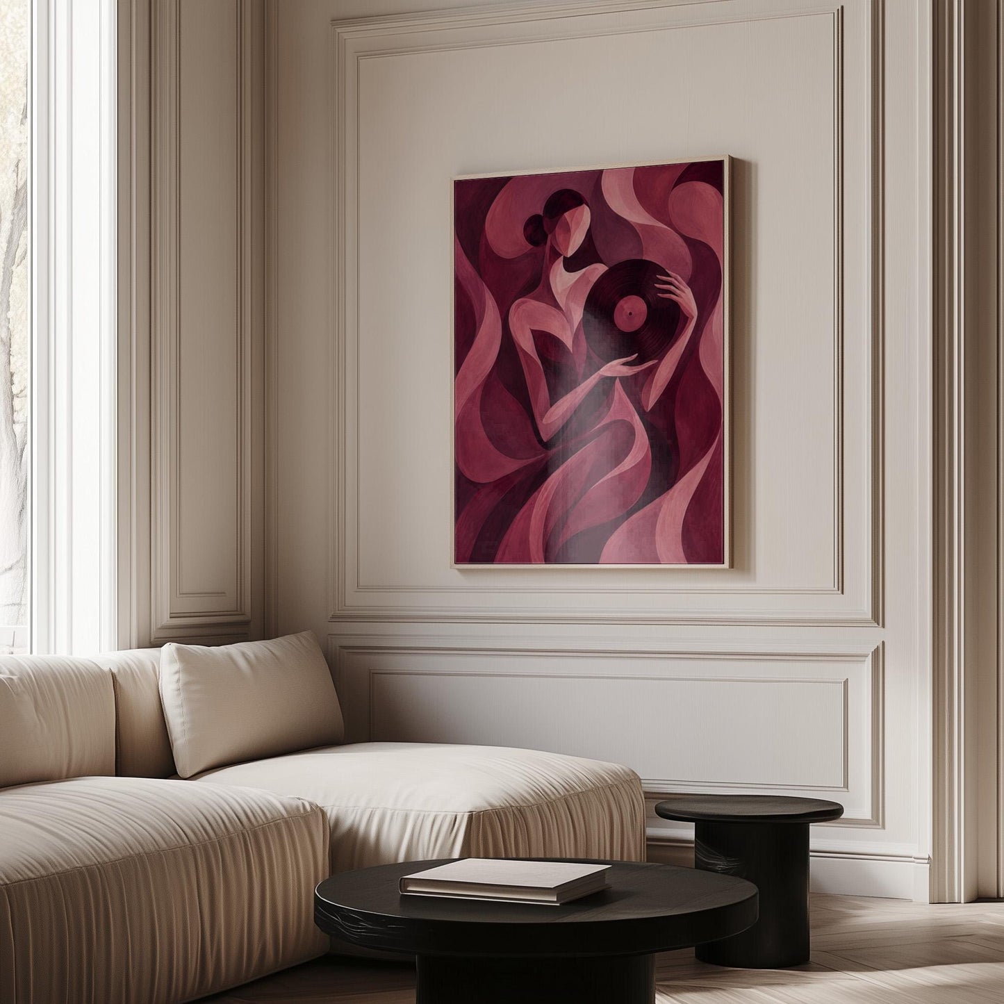 Woman holding vinyl record in burgundy deco style, canvas print presented in a light, minimal room