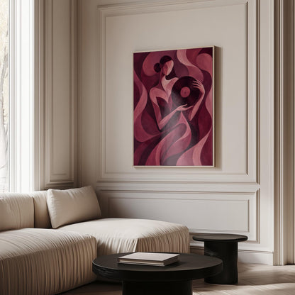 Woman holding vinyl record in burgundy deco style, canvas print presented in a light, minimal room